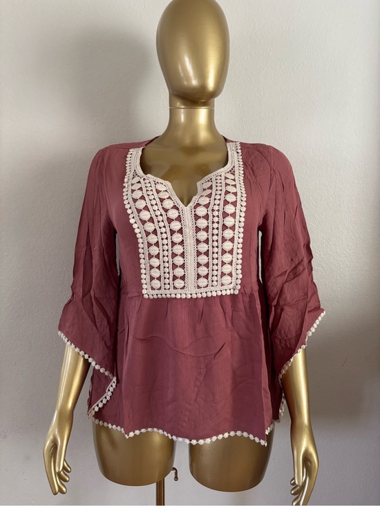 Tops - Bohemian Crochet-Trim Tunic Top - Dusty Rose
